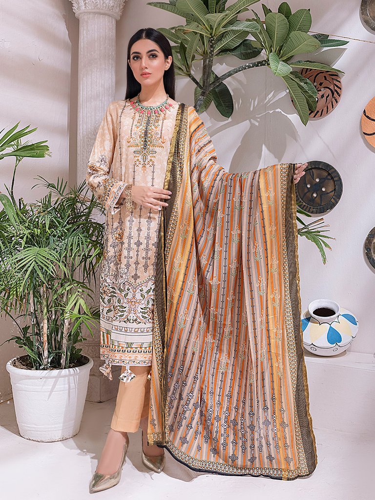 Unstitched 3pc - Printed Cambric Shirt & Printed Cambric Dupatta with Gold Border & Dyed Cambric Trouser - Inaya Gold Cambric (IP-00102A)